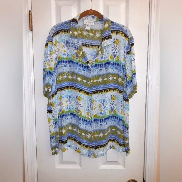 1X (18/20) Anna Maxwell Printed Ikat/Tribal Inspired Button Up Shirt Blue/Green - Picture 1 of 7